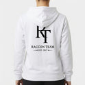 Moletom com estampa frontal de texto cursivo "Racoon Team" e lema, e estampa traseira de monograma "RT", "Raccon Team" e "Est. 2017" com setas.