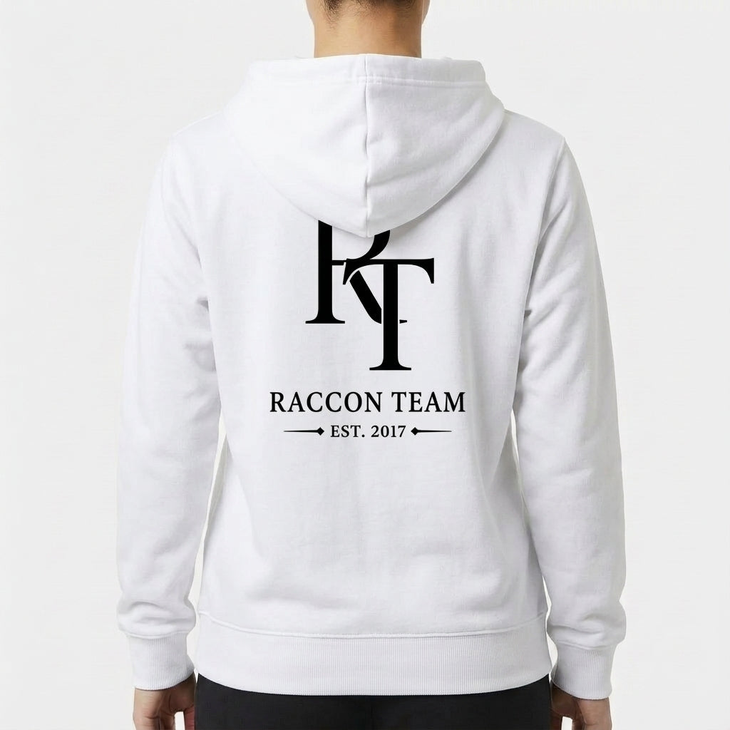 Moletom com estampa frontal de texto cursivo "Racoon Team" e lema, e estampa traseira de monograma "RT", "Raccon Team" e "Est. 2017" com setas.