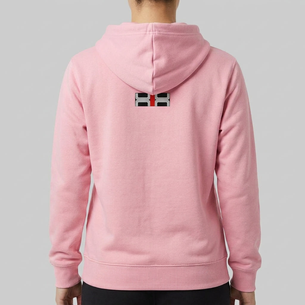 Moletom com estampa frontal de motivo geométrico com linhas curvas, inscrição "Kuarup Xingú" em destaque, e estampa traseira menor de design similar.
