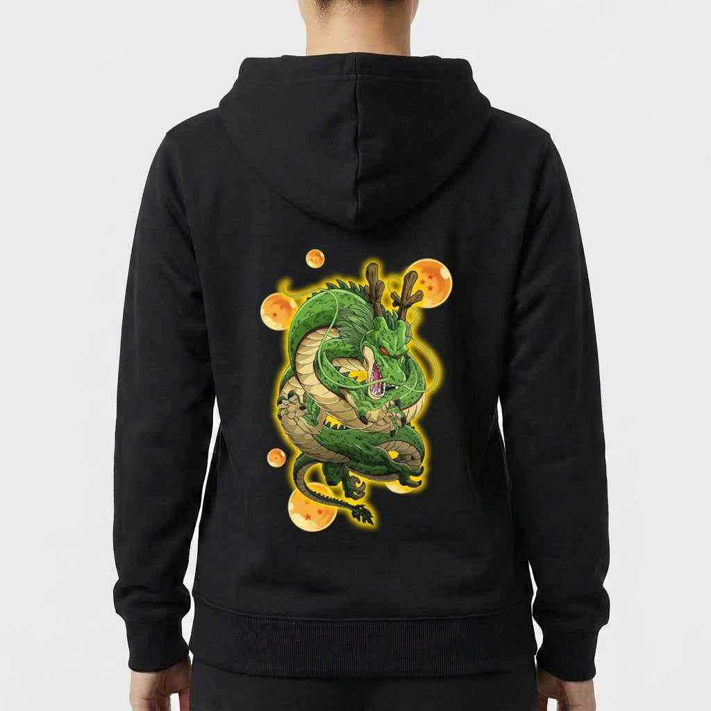 Moletom com estampa traseira de dragão oriental elaborado, envolto em esferas luminosas, adicionando um visual místico e detalhado à peça.