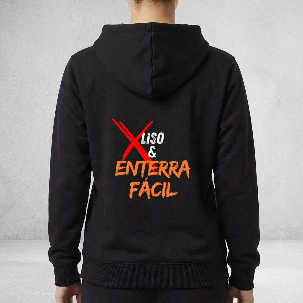 Moletom com estampa frontal de cesta de basquete e palavra "Basquete" e estampa traseira de texto estilizado "X Liso & Enterra Fácil".