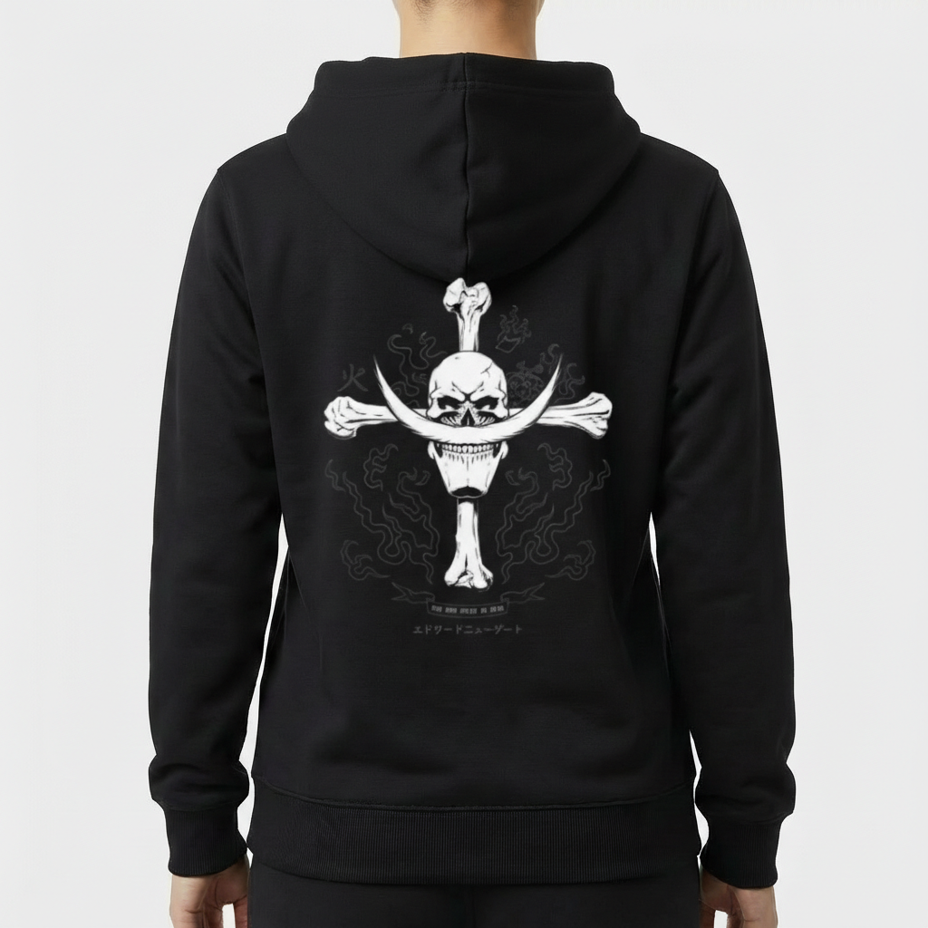 Moletom com estampa frontal de caveira estilizada com elementos florais e estampa traseira de grande caveira cruzada por ossos com detalhes geométricos e texo.