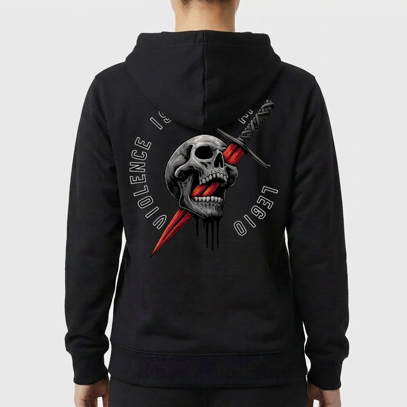 Moletom com estampa frontal de texto "VIOLENCE IS VIRTUE LEGIO" e estampa traseira de crânio perfurado por adaga vermelha, rodeado pelo mesmo texto.