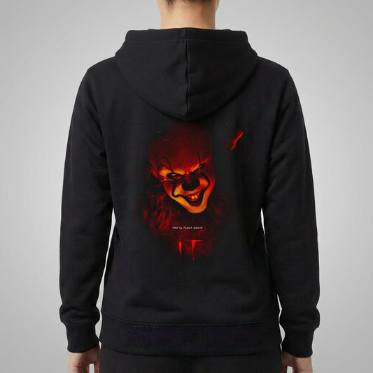 Moletom com estampa traseira de rosto sorridente e sombrio de palhaço com detalhes iluminados, conferindo um toque misterioso e intimidador à peça.