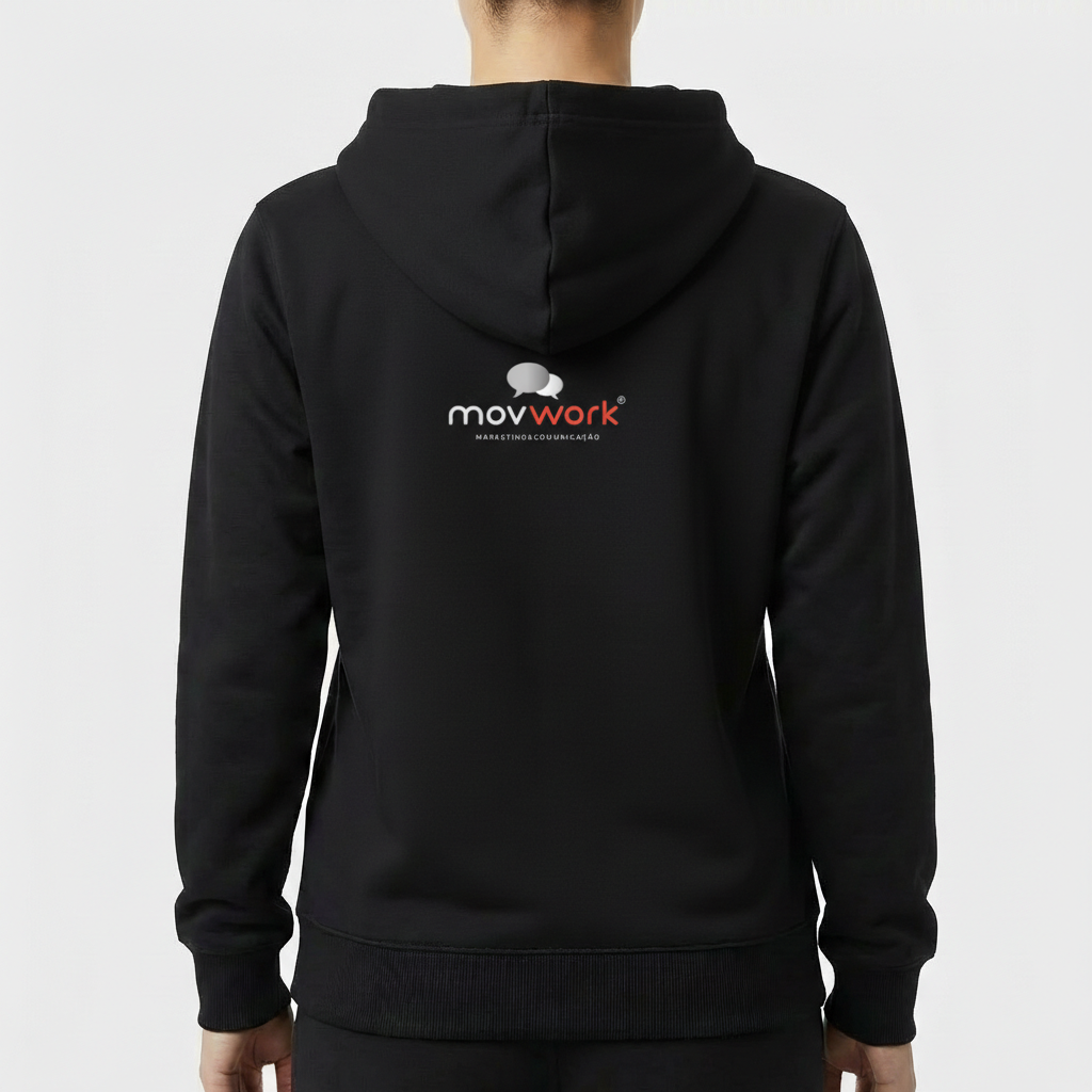 Moletom com estampa frontal de logotipo centralizado e texto cursivo, e estampa traseira idêntica, com ícone estilizado e fonte moderna.