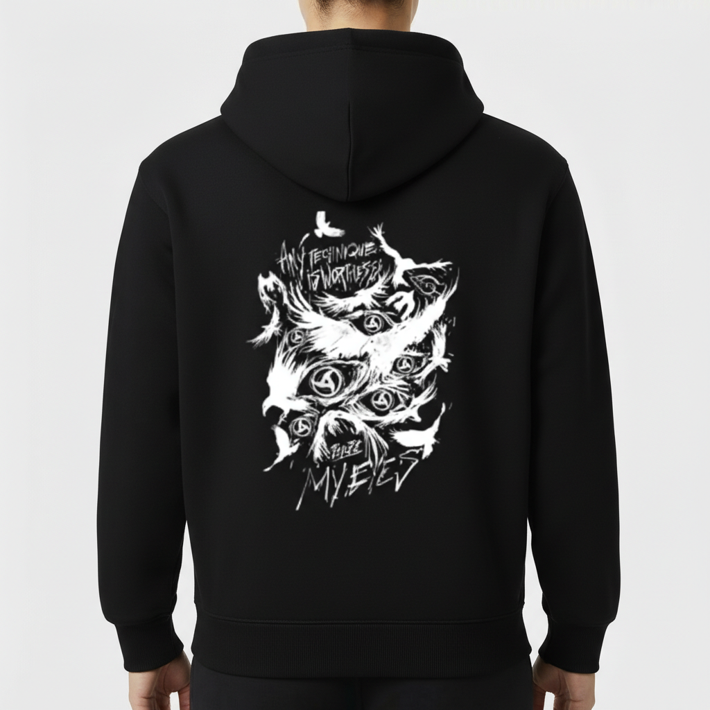 Moletom com estampa frontal de olho central com asas detalhadas e estampa traseira de olhos cercados por padrões abstratos e um texto estilizado.