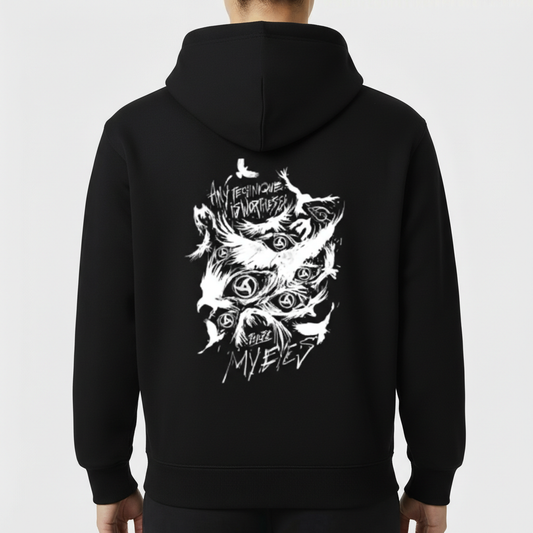 Moletom com estampa frontal de olho central com asas detalhadas e estampa traseira de olhos cercados por padrões abstratos e um texto estilizado.