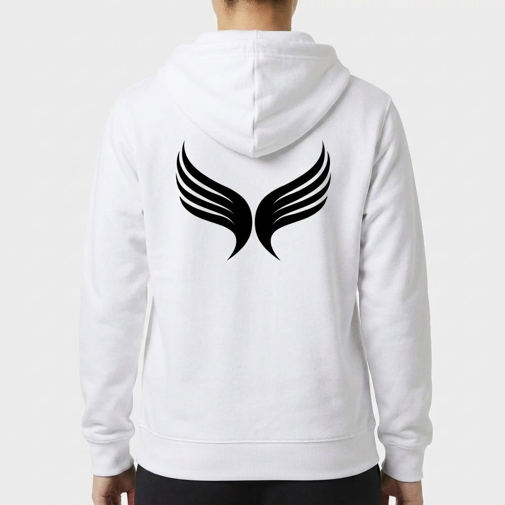 Moletom com estampa frontal de texto "I SURRENDER" em fonte negrito e estampa traseira de asas estilizadas simétricas com linhas curvas.