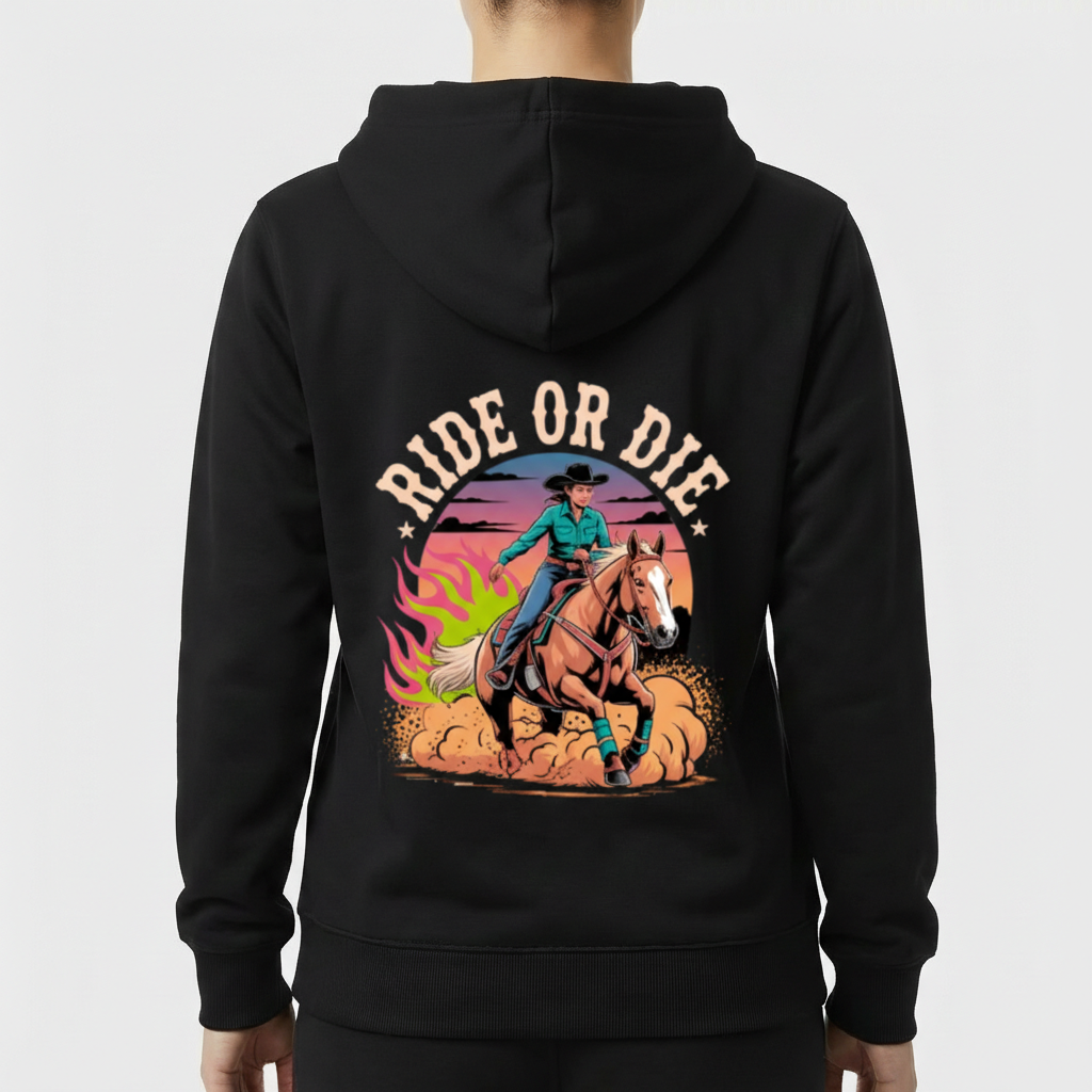 Moletom com estampa frontal de cavalo em um escudo cercado por ramos e estampa traseira de cowboy e cavalo em ação, com "RIDE OR DIE" em destaque.