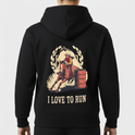 Moletom com estampa frontal de cavalo estilizado e plantas circundantes, e estampa traseira de cowboy em cavalo, contornado por louros, com barril e a frase "I LOVE TO RUN".