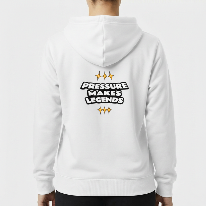 Moletom com estampa traseira de texto centralizado "Pressure Makes Legends" rodeado por três símbolos de estrela acima e abaixo do texto.