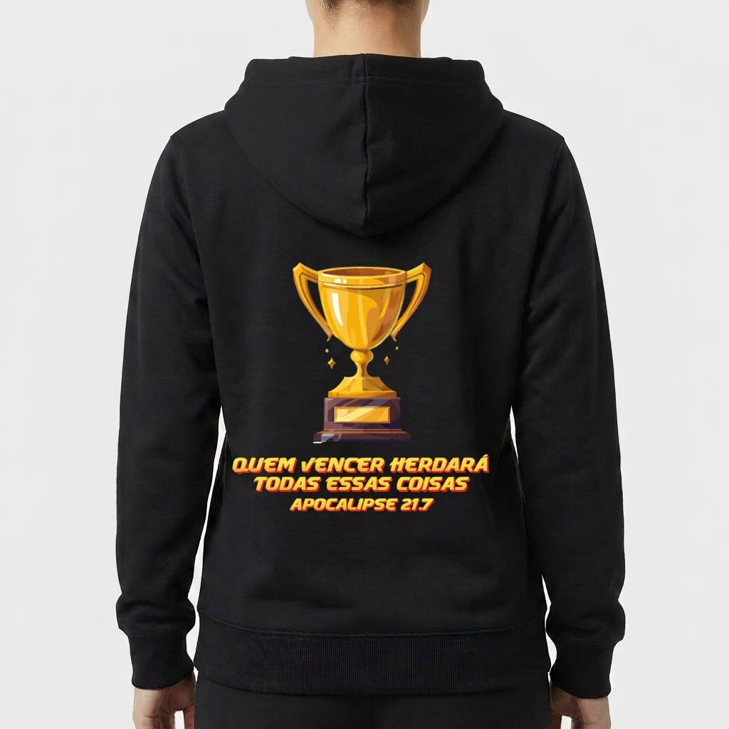 Moletom com estampa frontal de troféu dourado pequeno e estampa traseira de grande troféu dourado com texto em destaque abaixo da imagem.