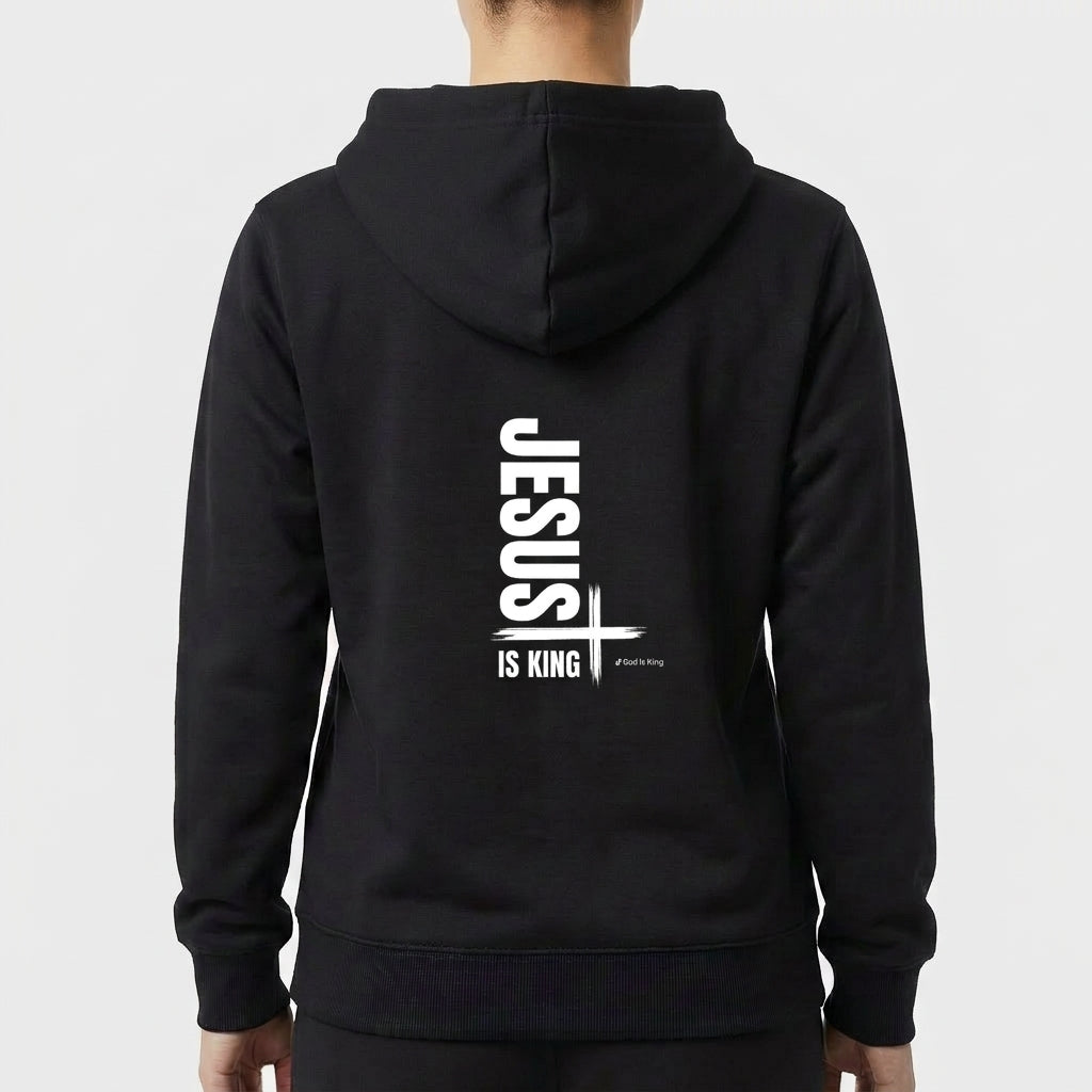 Moletom com estampa frontal de lettering estilizado "Verbo" e estampa traseira de texto vertical "Jesus is King" com um traço horizontal e cruz.