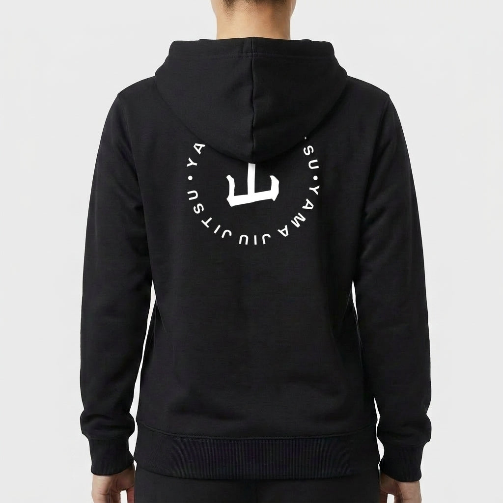 Moletom com estampa frontal de logo circular minimalista e estampa traseira de círculo maior envolvendo grafismo estilizado com texto ao redor.