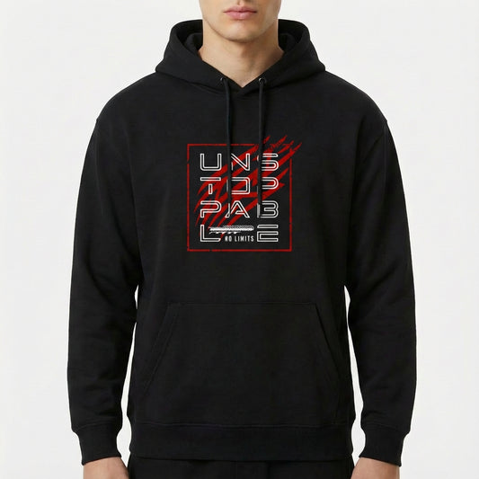 Moletom com estampa frontal de texto geométrico "UNSTOPPABLE" em estilo block, com detalhes riscados e fundo quadriculado, finalizando com "NO LIMITS".