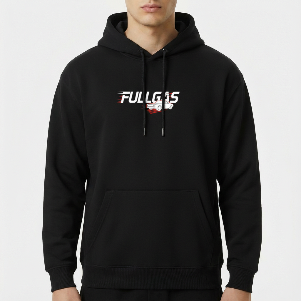 Moletom com estampa frontal de um carro estilizado em movimento, acompanhado pela palavra "FULLGAS" em letras dinâmicas com efeito de velocidade.