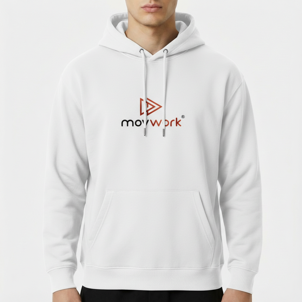 Moletom com estampa frontal de logotipo estilizado com setas e texto "movwork" e estampa traseira idêntica ao logotipo frontal.
