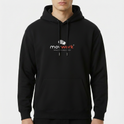 Moletom com estampa frontal de logotipo centralizado e texto cursivo, e estampa traseira idêntica, com ícone estilizado e fonte moderna.