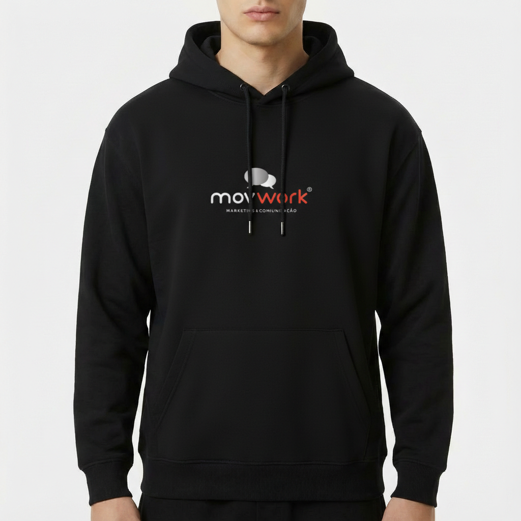 Moletom com estampa frontal de logotipo centralizado e texto cursivo, e estampa traseira idêntica, com ícone estilizado e fonte moderna.
