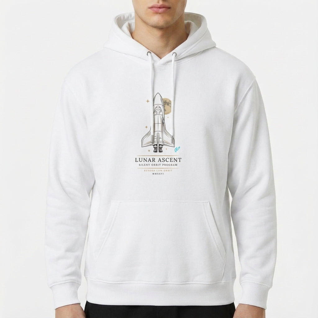 Moletom com estampa frontal de foguete espacial em detalhe, lua e estrelas ao fundo, acompanhado de texto "Lunar Ascent Silent Orbit Program" e elementos gráficos adicionais.