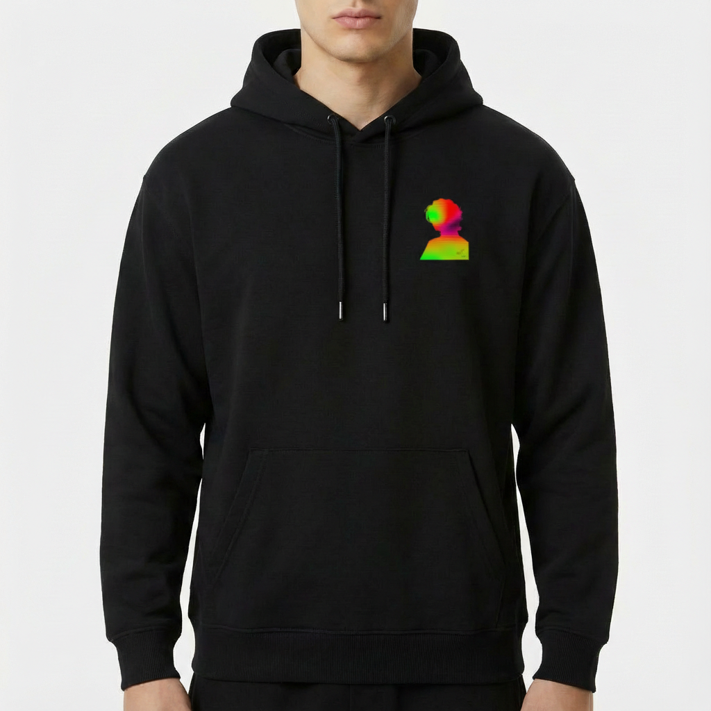 Moletom com estampa frontal de busto em perfil com efeito de distorção colorida e estampa traseira de silhueta sobre fundo multicolorido com linhas horizontais.