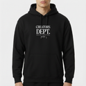 Moletom com estampa frontal de texto "CREATORS DEPT." em fonte estilizada, acompanhado por uma frase menor abaixo, incluindo um pequeno logotipo oval.