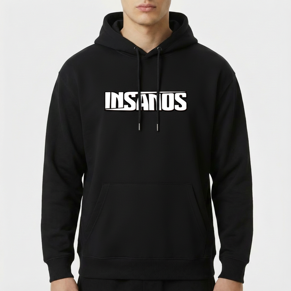 Moletom com estampa frontal de texto estilizado em negrito com a palavra "INSANOS" centralizada e sublinhada por duas linhas paralelas.