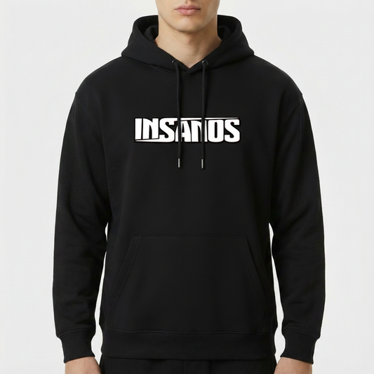 Moletom com estampa frontal de texto estilizado em negrito com a palavra "INSANOS" centralizada e sublinhada por duas linhas paralelas.
