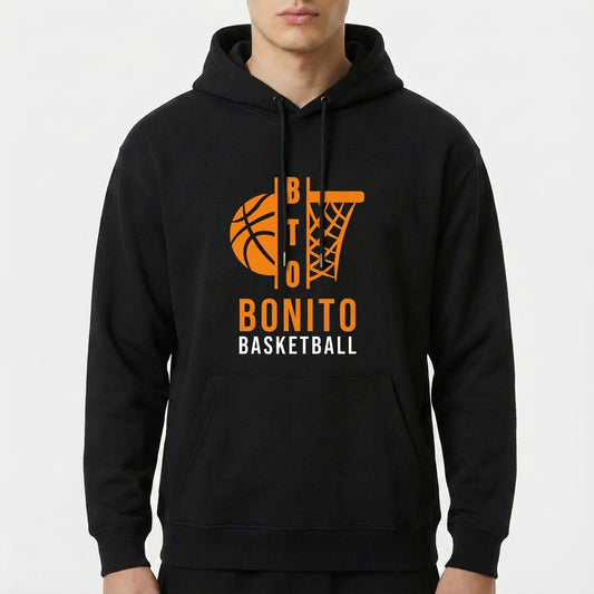 Moletom com estampa frontal de uma bola de basquete com linhas estilizadas ao lado de uma cesta, acompanhada das palavras "BTO BONITO BASKETBALL".