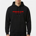 Moletom com estampa frontal de texto "ROWKER CLUB SPORT DIVISION" e estampa traseira de texto idêntico abaixo de três esferas estilizadas.