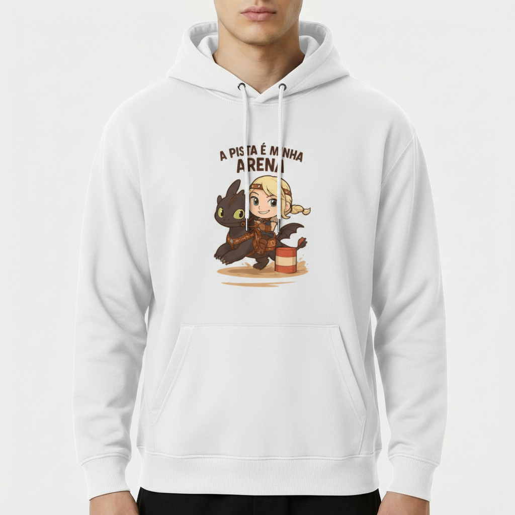 Moletom com estampa frontal de uma personagem loira animada acompanhada por um dragão estilizado, sobre barril e areia, com frase temática acima.