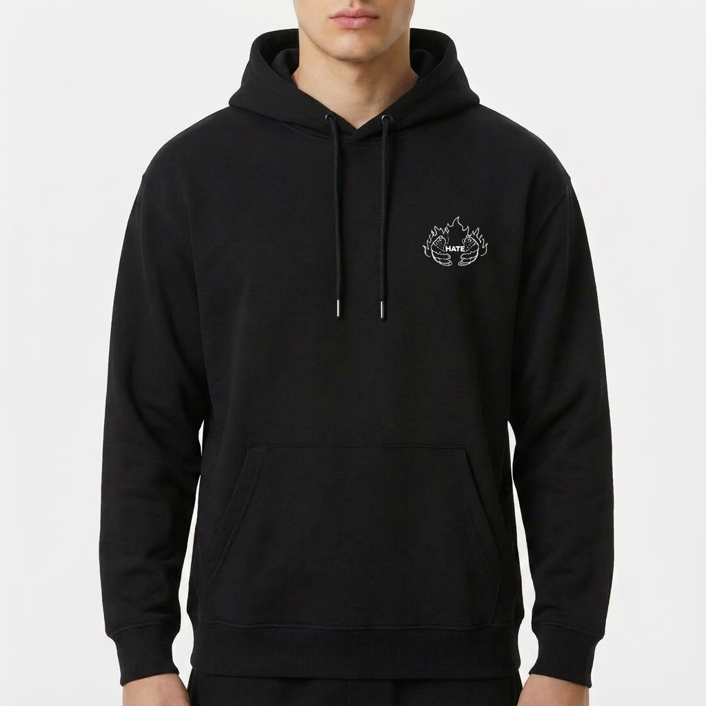 Moletom com estampa frontal de pequeno desenho de dragão e estampa traseira de anjo com espada, textos "LOYALTY" e mensagens adicionais.