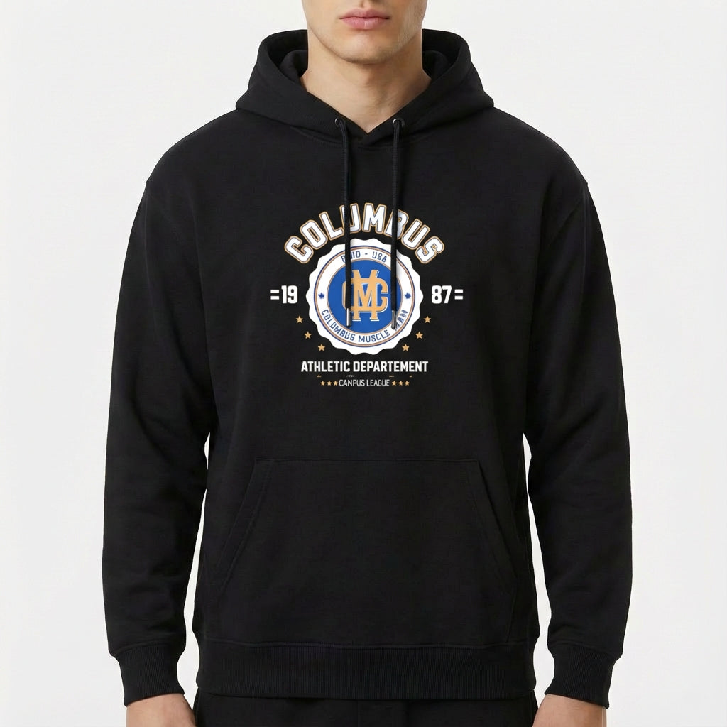 Moletom com estampa frontal de emblema esportivo centralizado, com texto "Columbus", ano "1987", estrelas e detalhes "Athletic Departement".