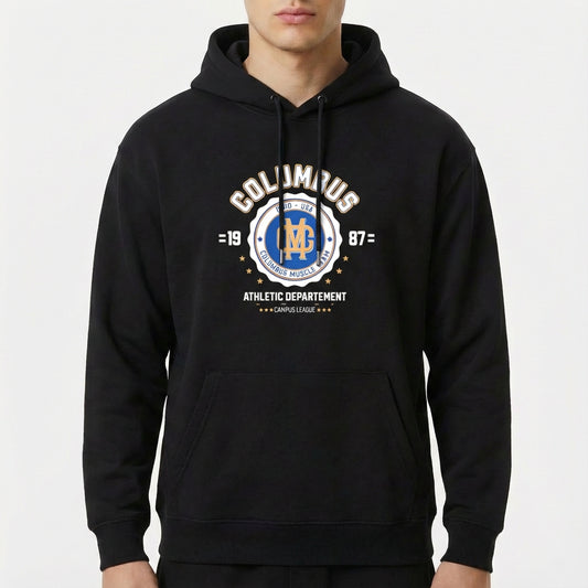 Moletom com estampa frontal de emblema esportivo centralizado, com texto "Columbus", ano "1987", estrelas e detalhes "Athletic Departement".