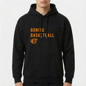 Moletom com estampa frontal de texto "Bonito Basketball" acima de um icônico aro de basquete, em um design simples que destaca esportividade.