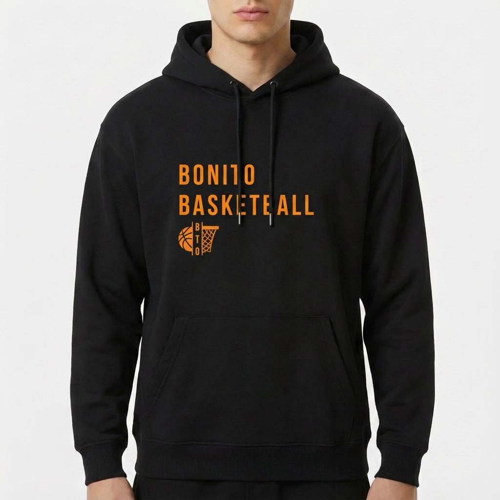 Moletom com estampa frontal de texto "Bonito Basketball" acima de um icônico aro de basquete, em um design simples que destaca esportividade.
