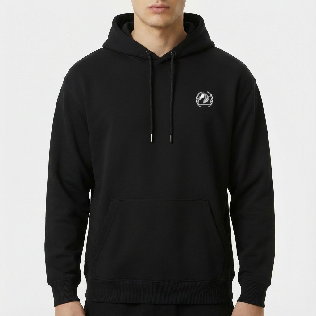 Moletom com estampa frontal de emblema circular com folhas e estampa traseira de personagem azul com chapéu, gravata vermelha e "LOGOS COUNTRY".