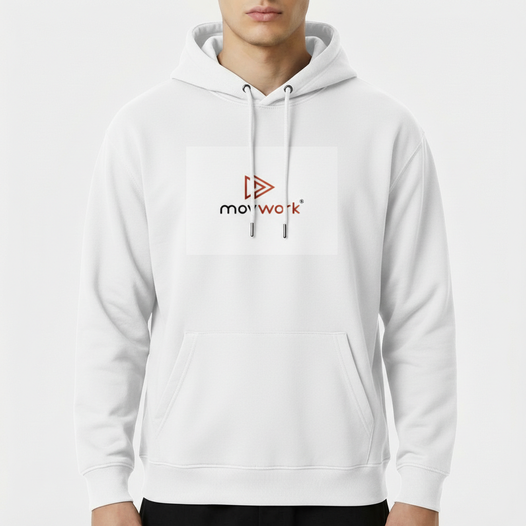 Moletom com estampa frontal de logotipo estilizado envolvendo triângulo duplo e texto "movwork" e estampa traseira idêntica com mesmo logotipo centralizado.