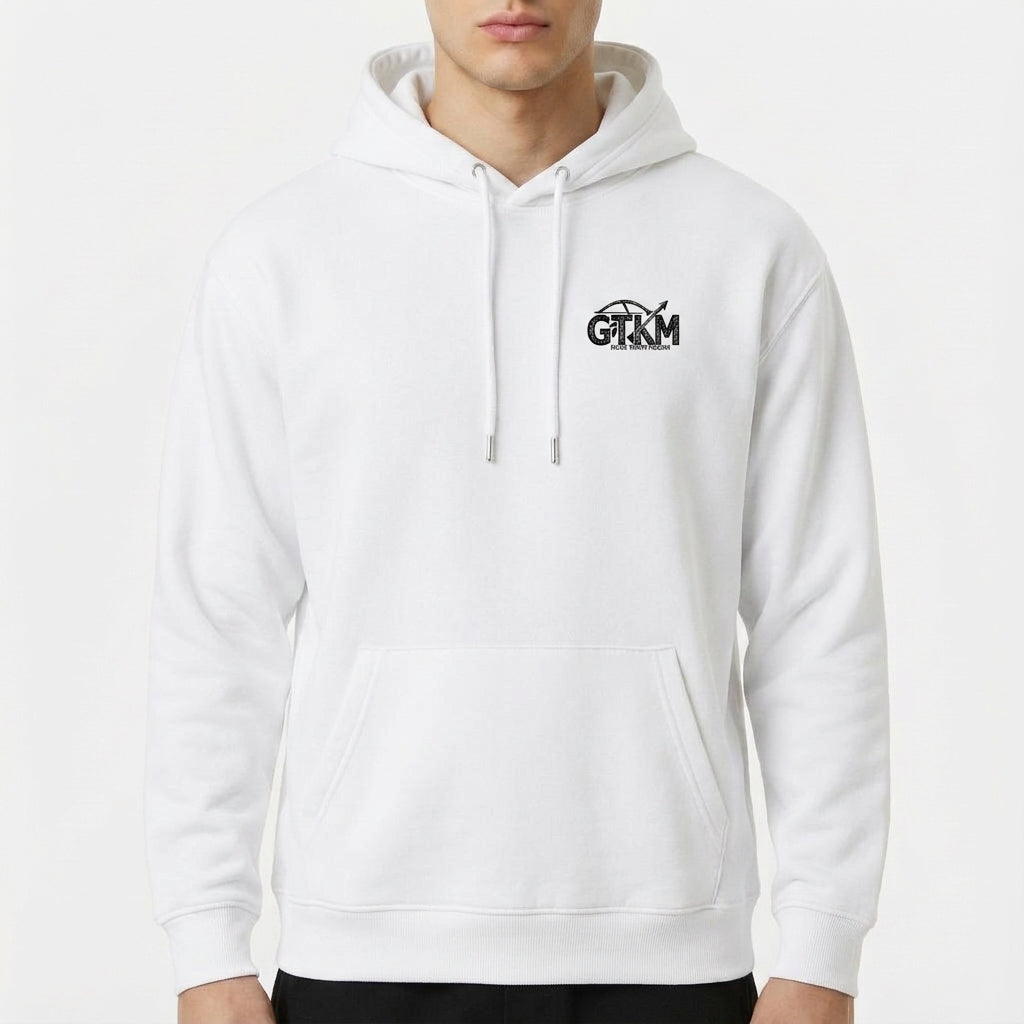 Moletom com estampa frontal de texto estilizado "GRK" com um arco e flecha e estampa traseira de "TKM" acompanhada de um ramo de folhas e flecha.