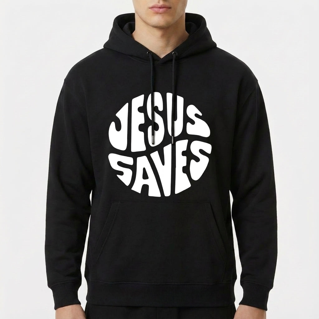 Moletom com estampa frontal da frase "JESUS SAVES" em estilo tipográfico bold e curvado, proporcionando um visual impactante e moderno.