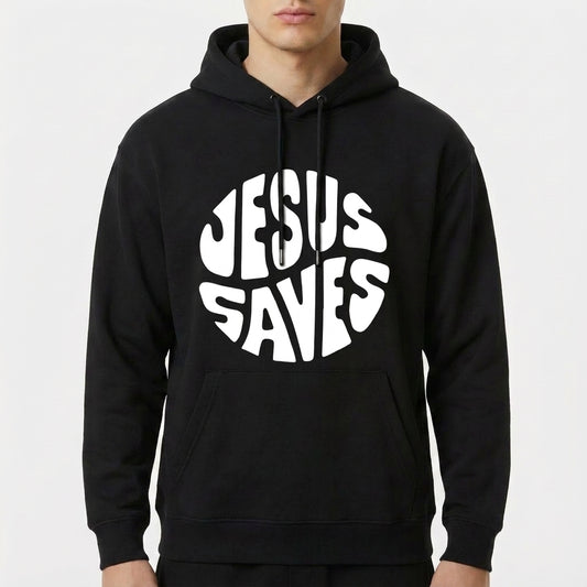 Moletom com estampa frontal da frase "JESUS SAVES" em estilo tipográfico bold e curvado, proporcionando um visual impactante e moderno.