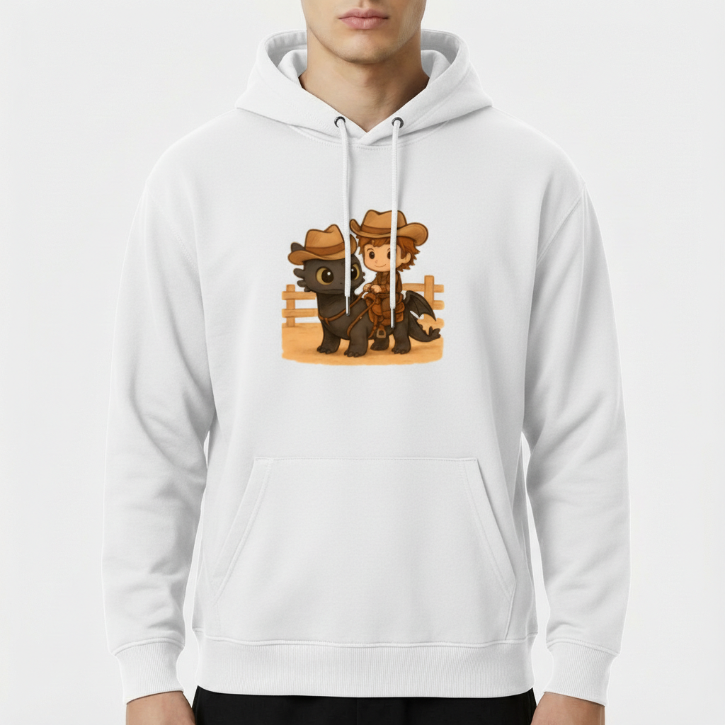 Moletom com estampa frontal de uma figura em estilo cartoon montada em um dragão ao lado de uma cerca, ambos usando chapéus de cowboy e expressões curiosas.
