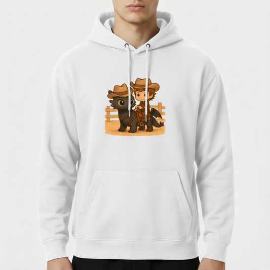 Moletom com estampa frontal de uma figura em estilo cartoon montada em um dragão ao lado de uma cerca, ambos usando chapéus de cowboy e expressões curiosas.