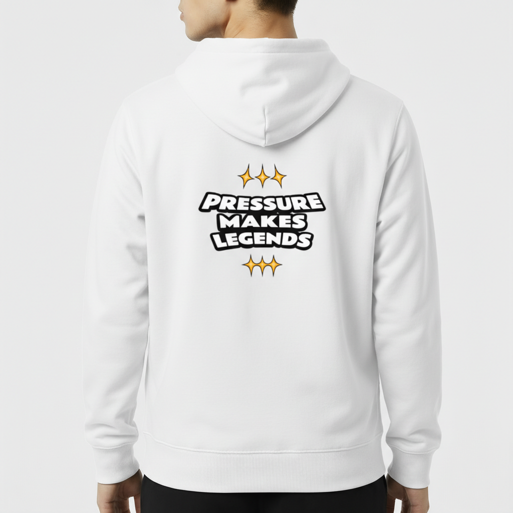 Moletom com estampa traseira de texto centralizado "Pressure Makes Legends" rodeado por três símbolos de estrela acima e abaixo do texto.
