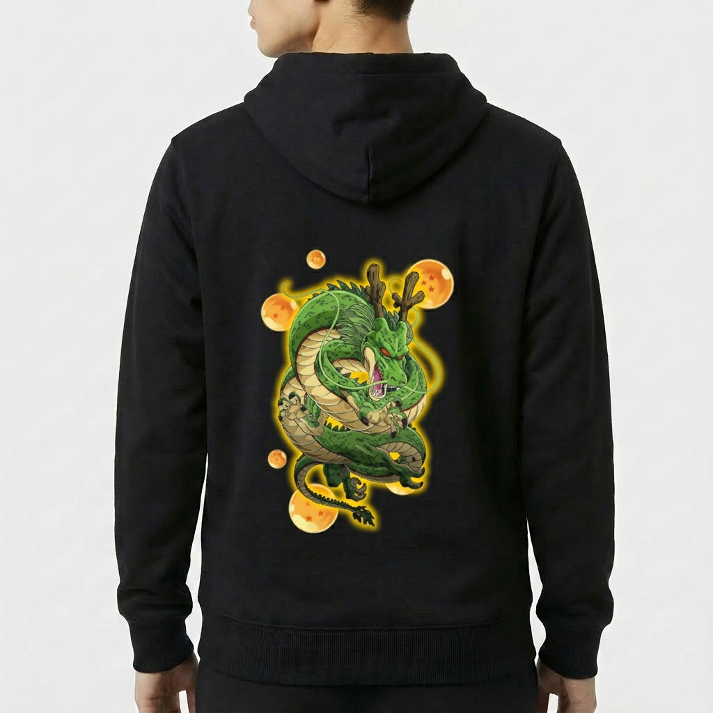 Moletom com estampa traseira de dragão oriental elaborado, envolto em esferas luminosas, adicionando um visual místico e detalhado à peça.