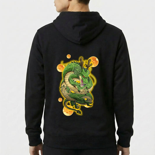 Moletom com estampa traseira de dragão oriental elaborado, envolto em esferas luminosas, adicionando um visual místico e detalhado à peça.