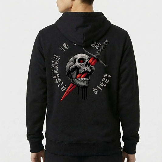Moletom com estampa frontal de texto "VIOLENCE IS VIRTUE LEGIO" e estampa traseira de crânio perfurado por adaga vermelha, rodeado pelo mesmo texto.