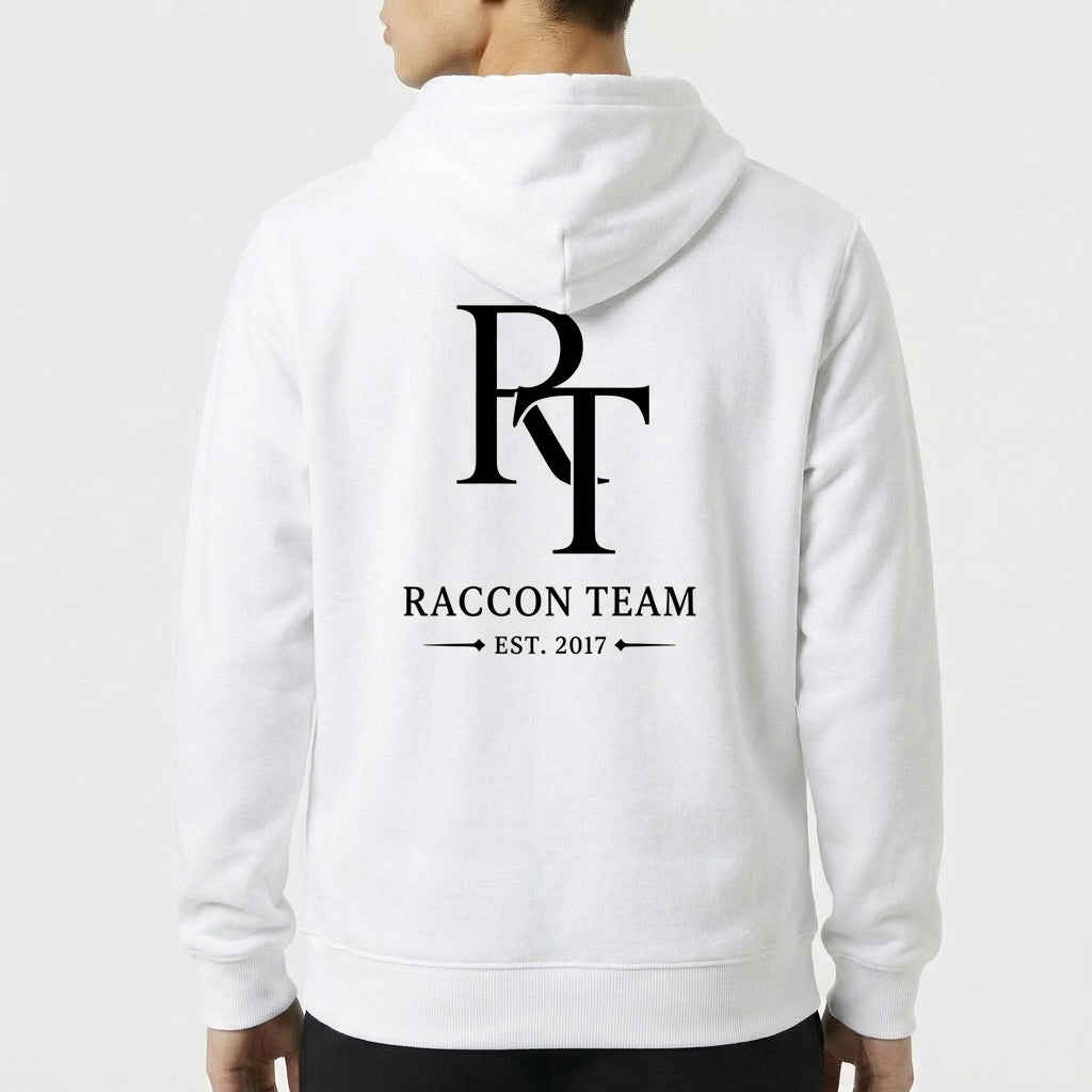 Moletom com estampa frontal de texto cursivo "Racoon Team" e lema, e estampa traseira de monograma "RT", "Raccon Team" e "Est. 2017" com setas.