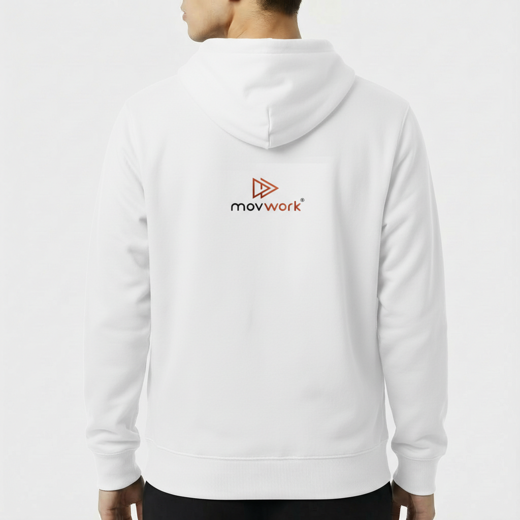 Moletom com estampa frontal de logotipo estilizado com setas e texto "movwork" e estampa traseira idêntica ao logotipo frontal.