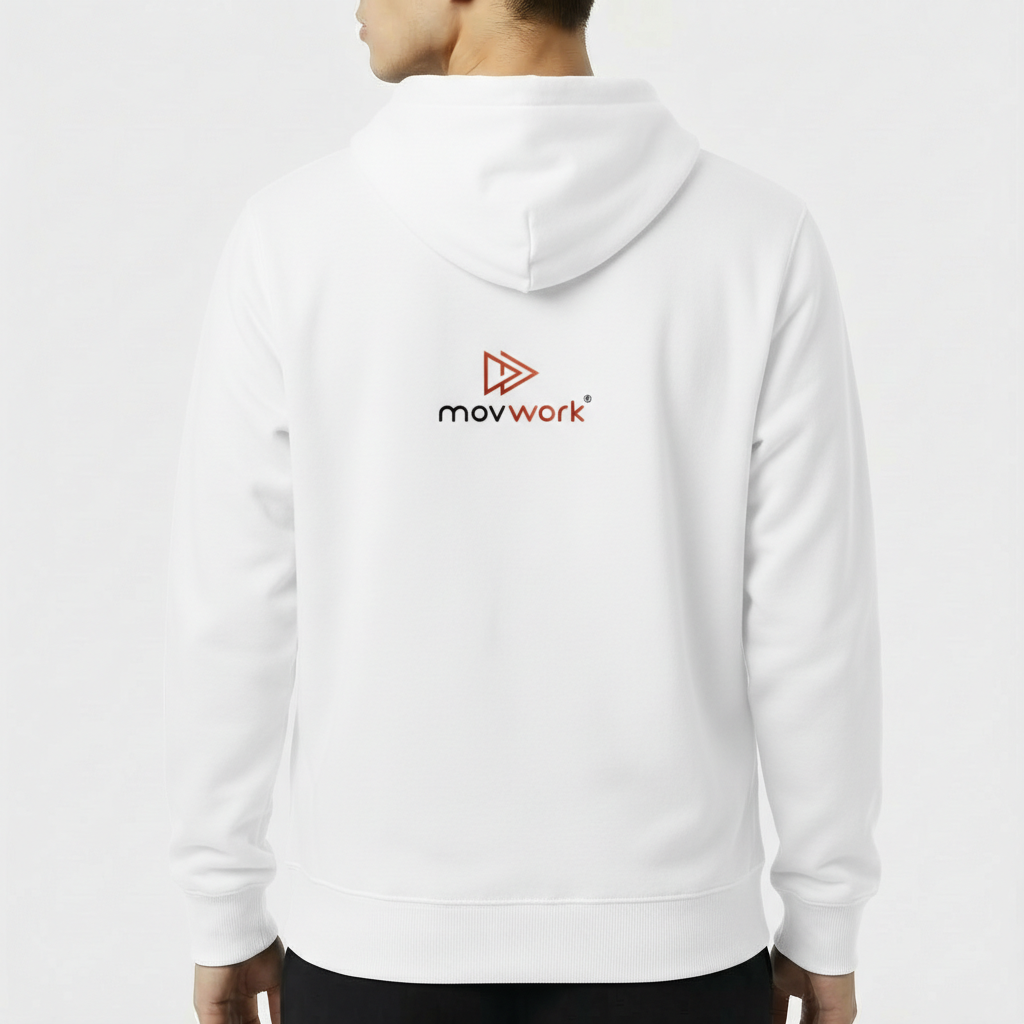 Moletom com estampa frontal de logotipo estilizado envolvendo triângulo duplo e texto "movwork" e estampa traseira idêntica com mesmo logotipo centralizado.